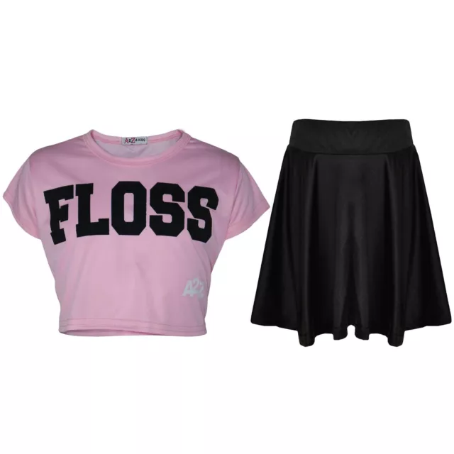 Kids Girls Floss Fashion Crop Top Stylish T Shirt Top & Skater Skirt Set 5-13 Yr