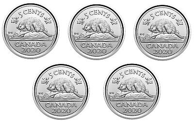 🇨🇦 2020 Canada set of five coins of 5 cents, Beaver Nickel, UNC, 2020