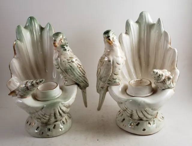 Pair Of Shell Parakeet Candle Holders Elegant MCM Vintage Style Gilted Gold