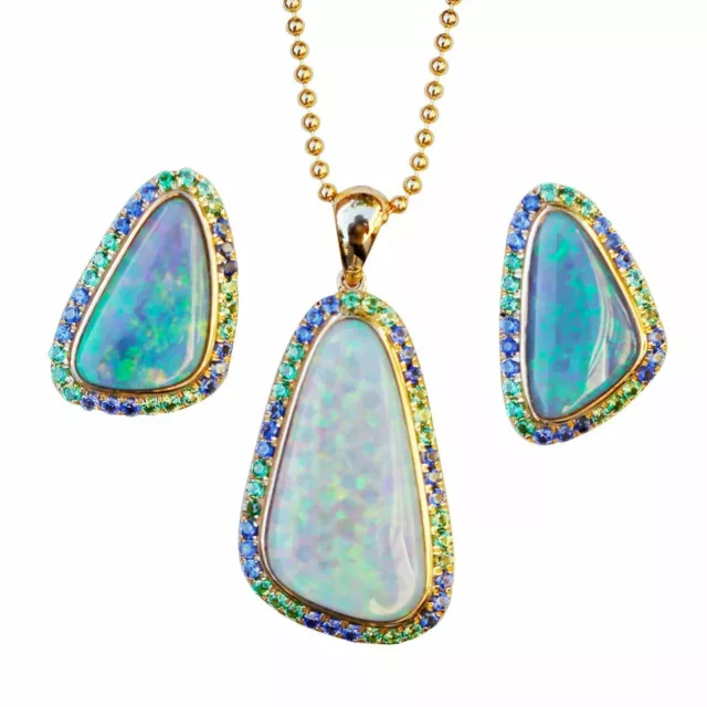 Australia soild Crystal opal Sapphire Tsavorite 18K yellow Gold pendant earring