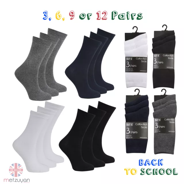 3 6 9 or 12 Pairs Kids Boys Girls Cotton Rich School Ankle Socks Plain Uniform