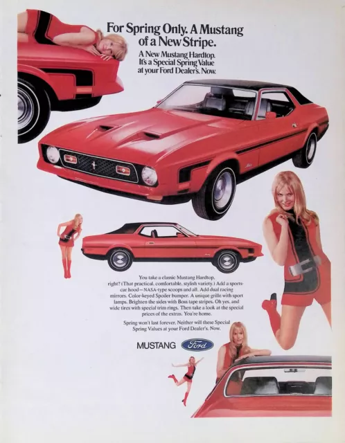 Vintage Print Ad 1971 Red 2 Door Ford Mustang Striped Beautiful Blonde Hot Pants