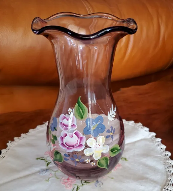 Amethyst FENTON Teleflora Scalloped Glass Vase Floral Hand Painted  8" WOW!