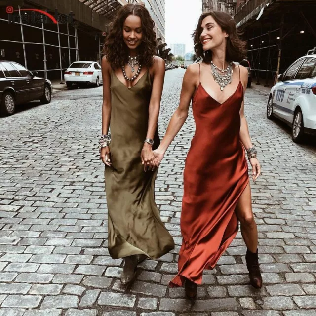 FEMME EPAULE DECOUVERTE Robe Ete Satin Slip Laniere Dos Nu Col V Long Maxi Neuf EUR 27 32 PicClick FR