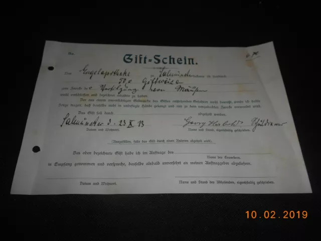 Engelapotheke Apotheker Salmünster original "Giftschein" von 1913