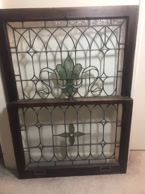 Antique Fleur-De-Lis ￼￼Double Hung Leaded And Stained Glass Window