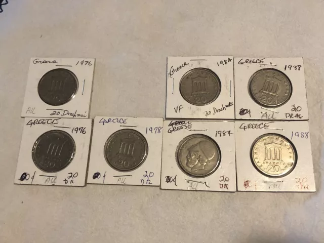 Lot Of 7 - Greece - 20 Drachma Coins - AU - (1976-88) KM 120