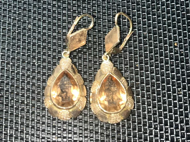 14K Yellow Gold Earrings W/Amber Citrine ? Stones Tear Drip Shaped Pierced .3 Oz