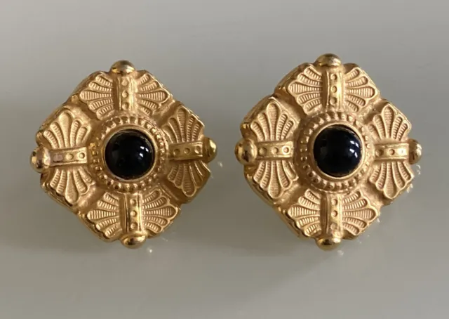 Vintage Ben-Amun Pierced Earrings Gold Tone With Black Stone