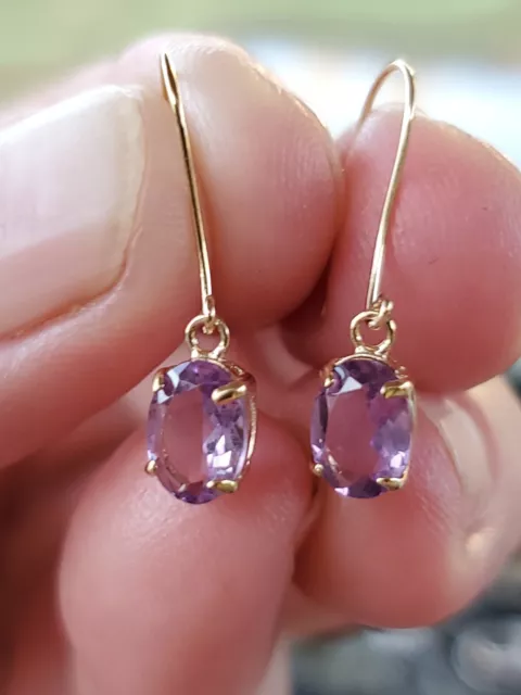 Amethyst Labcreated Oval Cut Dangle Earrings 10KT Solid Yellow Gold