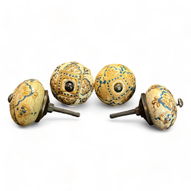 Hand Painted Porcelain Cabinet Knobs Gold and Blue with Brass Hardware Set of 4