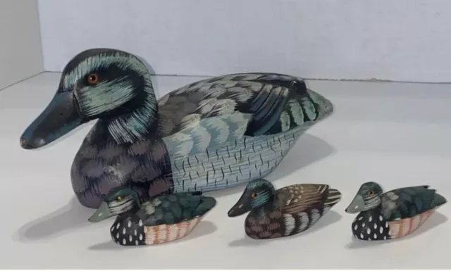 Vintage Hand Carved & Painted Wooden Duck With 3 Wooden Ducklings W/ Glass Eyes!