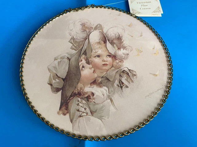 Vintage Flue Cover Round Chain Frame 2 Young Girls W/ Flowers Framed Art Print 
