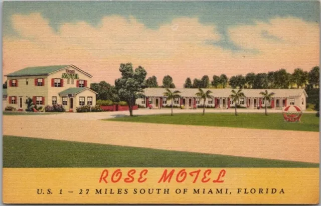 MIAMI, Florida Postcard ROSE MOTEL Highway 1 Roadside Curteich Linen /Dated 1954