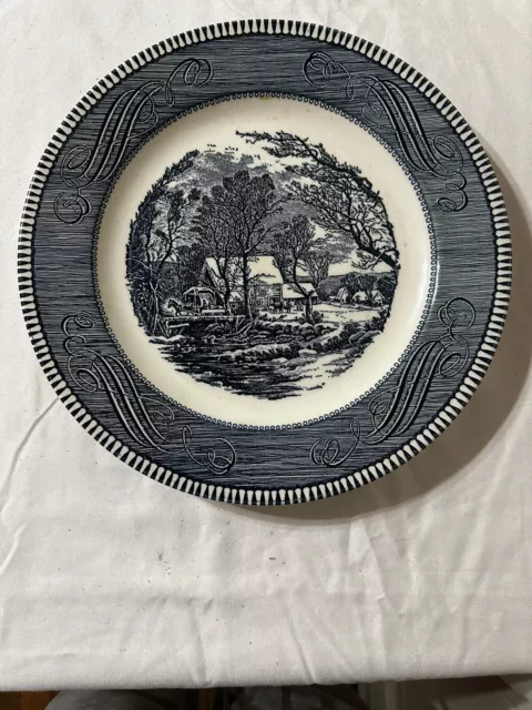 1 Royal China Currier & Ives Blue "The Old Grist Miller" Dinner Plate 10 1/2"