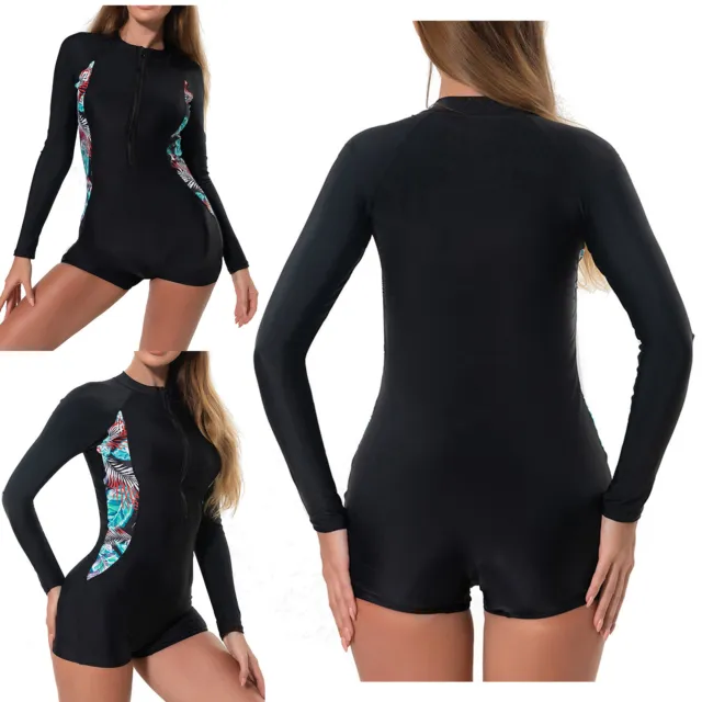 Women Beachwear Long Sleeve Bathing One-piece Swimsuit Sport Diving Print Suit
