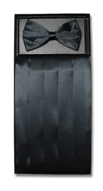 Mens Cumberbund BowTie Hanky Solid BLACK Color Men's Cummerbund Bow Tie Set