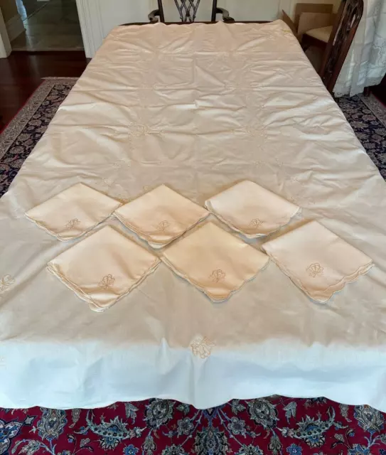 Large Beige Cotton Tablecloth + 6 Napkins  Grape Embroidery 64 x 98