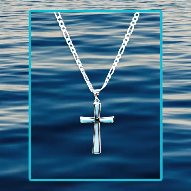 Natural Larimar Cross .925 Sterling Silver Pendant Necklace