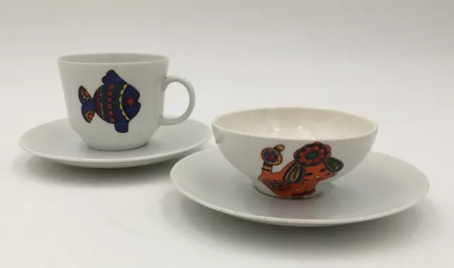Bareuther Waldsassen Art Deco Demitasse Cups & Saucers Dog Fish Bavaria Germany