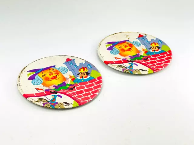 Vintage Pair 2pc Humpty Dumpty Lithograph Print Tin Teacup Tea Cup Saucers Plate