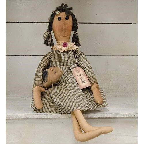 New Primitive Country Aged ELLA DOLL WITH HER PIG Figure 17"