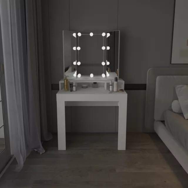 Tocador 3 espejos mesa moderna maquillaje LED comoda madera cajón MDF blanco 2