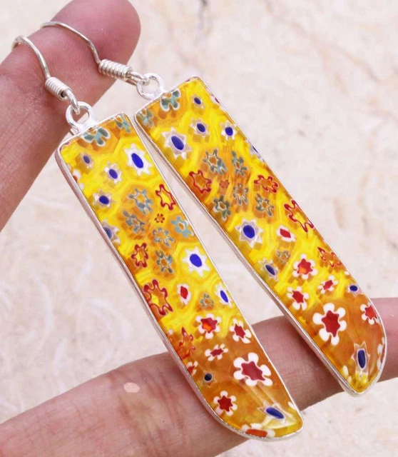 Dichroic Glass 925 Silver Plated Handmade Earrings of 2.5" Ethnic Gift