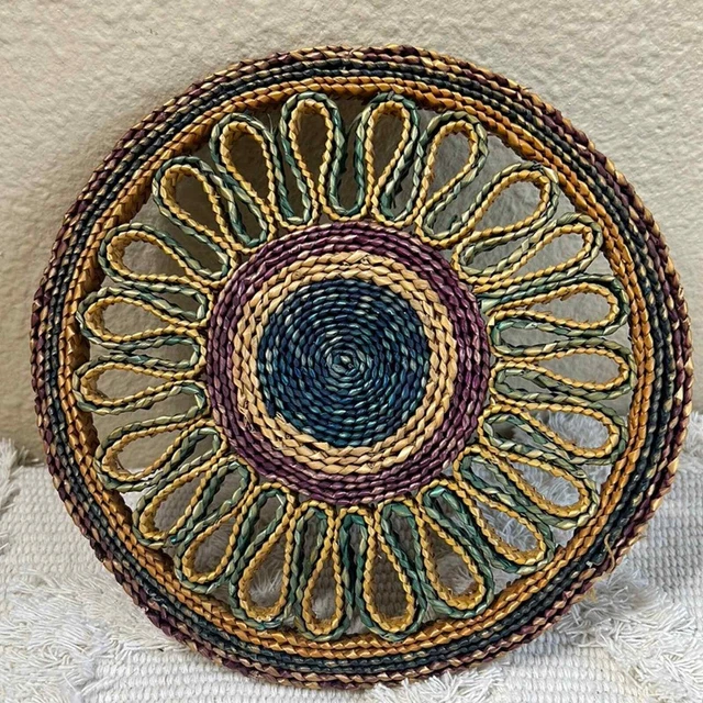 Vintage Woven Wicker Trivet Boho use as Art Basket Wall or Hot Pad Flower Round
