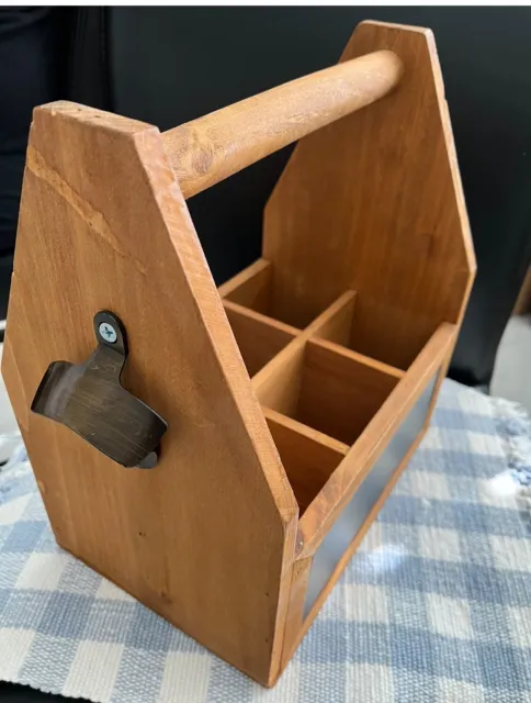 Beer Caddy Wood Tool Box Style With Handle Metal Bottle Opener Six Pack Holder