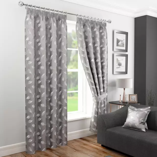 Silver Grey Jacquard Leaf Tape Top Curtain Pair Woven Pencil Pleat Curtains