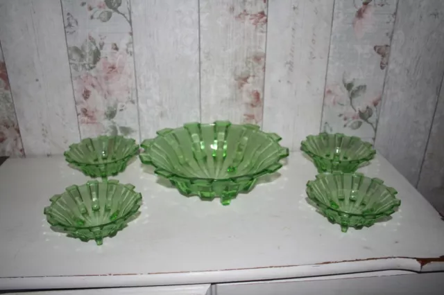 Vintage Art Deco 1930s Green Glass Bowl Set Bagley Stölzle Czech