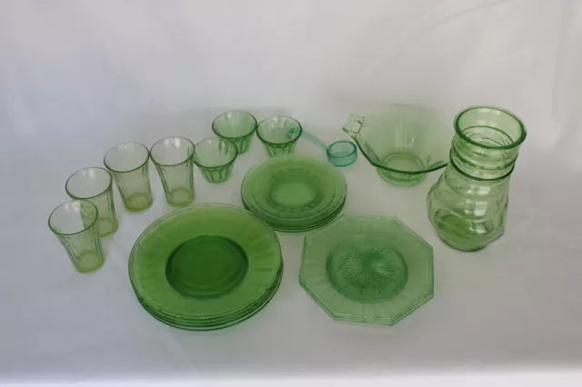 Green Depression Uranium Glass Set of Dishes - 22 pieces total