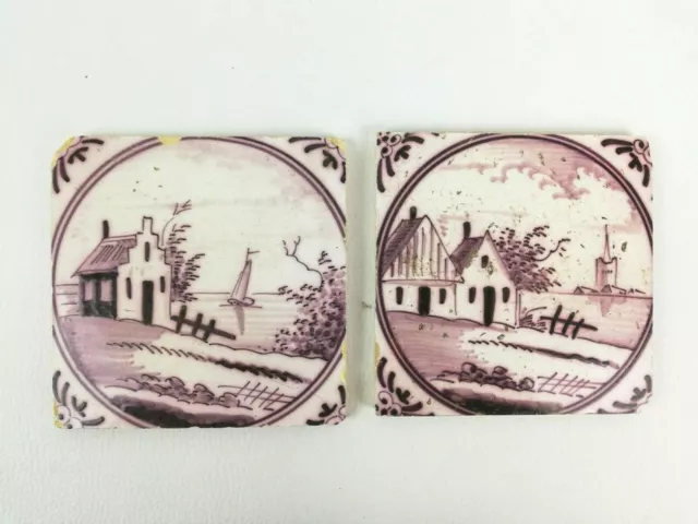 18th Century Antique Set of Two Delft Tiles depicting Houses by the River
