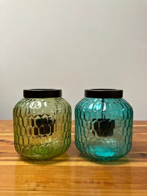YANKEE CANDLE Lot of 2 Blue & Green Bubble Glass Tea Light Holders / Lanterns