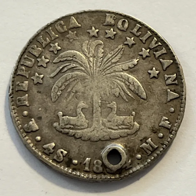 18x4 4 Soles Bolivia Silver Holed Coin