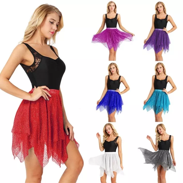 iiniim Womens Dance Skirt Glitter Sequins Polka Dots Asymmetric Latin Tutu Skirt