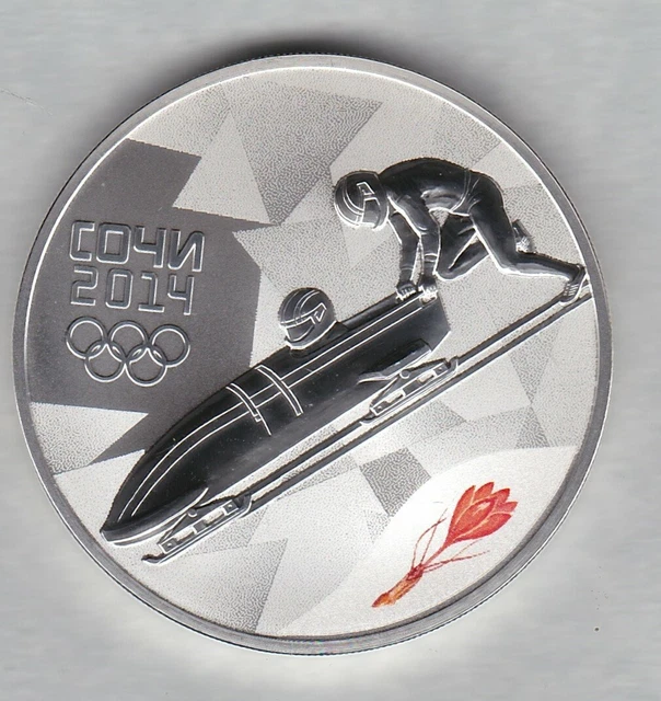 2014 Russia Silver Proof Sochi Olympic Games Bobsleigh 3 Roubles Coin + Capsule.