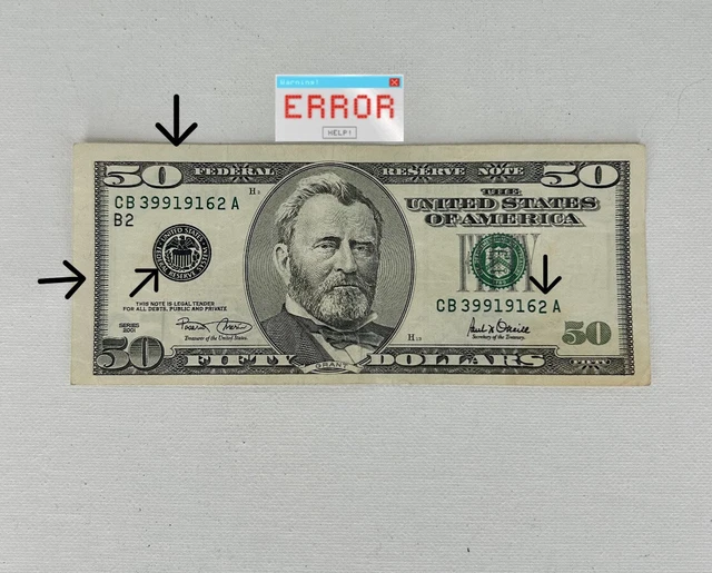 RARE $50 Fifty Dollar Bill New York City Federal Reserve Error Miscut Misaligned