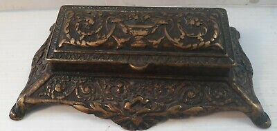 Antique Victorian Cast Brass Bronze 3 Compartment Footed Stamp Box  Ink Well