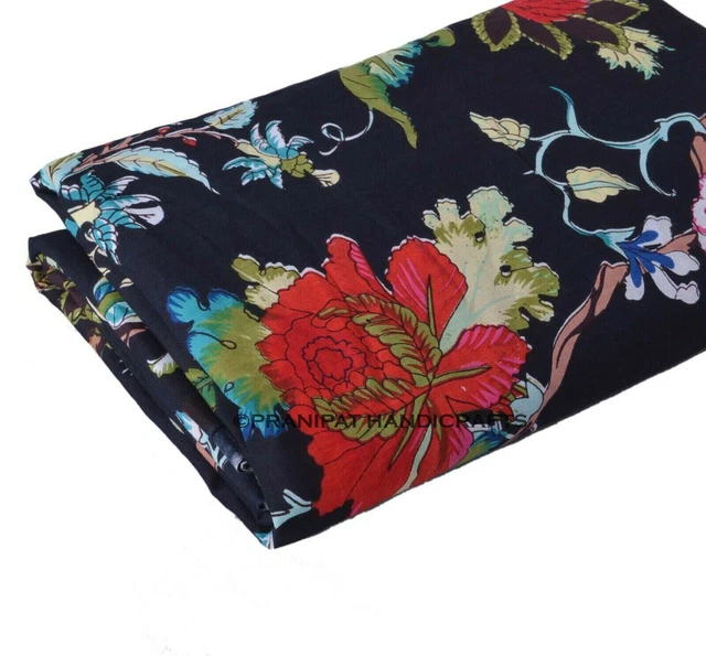 Indien Rose Coton Imprimé Hippie de Luxe Noir Souple Robe Faisant Tissu Par Yard