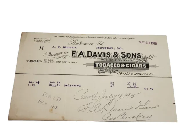 F.A. Davis & Sons Tobacco/Cigars 1915 Advertising Letterhead Baltimore MD