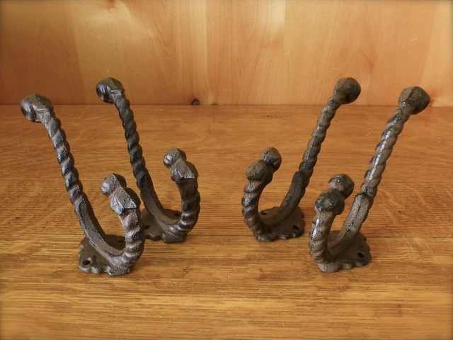 4 BROWN ANTIQUE-STYLE CAST IRON TWIST HOOKS wall rustic outdoor barn hat coat