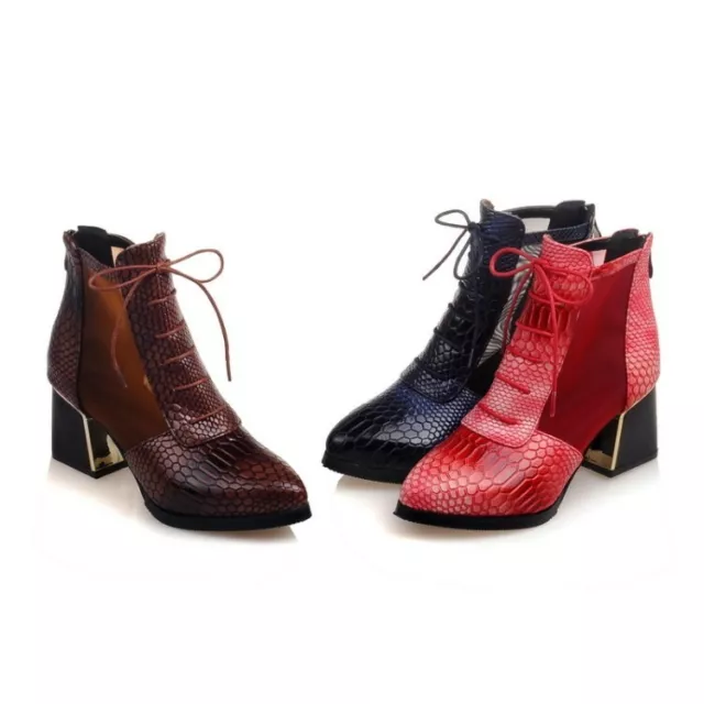 Women Ankle Boots Snake Print Pointed Toe Lace Up Block Mid Heel Booties Shoes