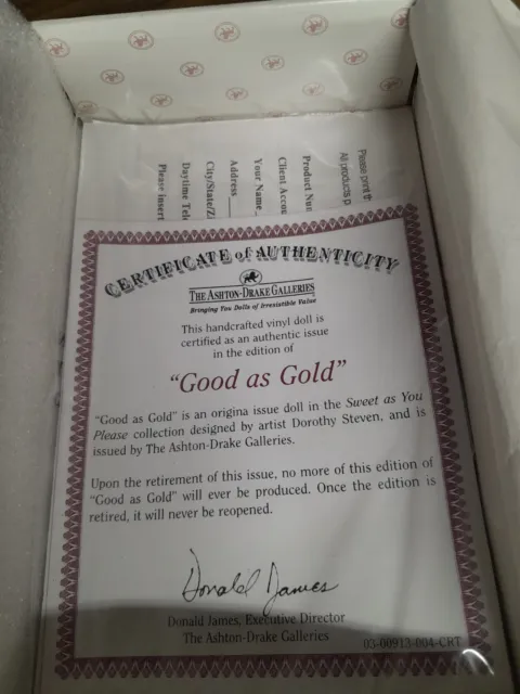 Ashton Drake  'Good as Gold' Mini Vinyl Baby Doll  In Box, with Certificate 2
