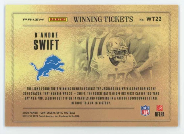 D'Andre Swift 2020 Panini Contenders Optic Winning Tickets RC #WT22 Detroit 2