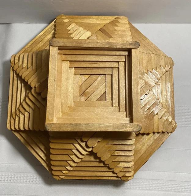 Vintage Primitive Tramp Folk Art Popsicle Stick Footed Bowl Dish Octagonal