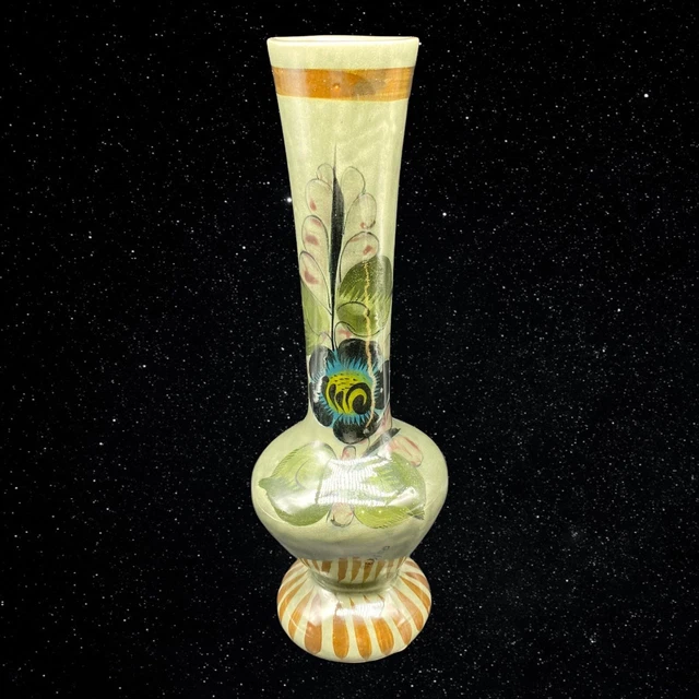 Mexican Folk Art Pottery Tonala Hand Painted Floral Long Neck Vase 12”T 4”W