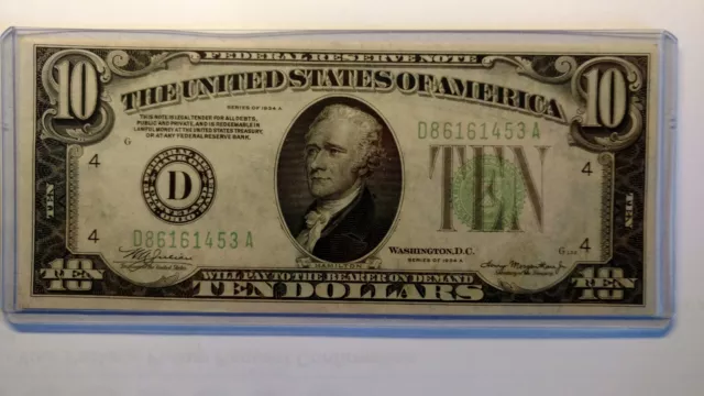 FR-2006D 1934 A $10 Federal Reserve Note Circulated Green Seal.