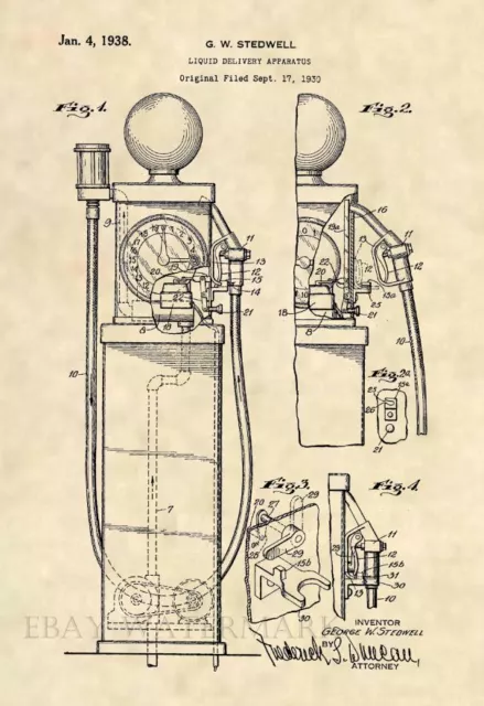 Official Clock Face Gasoline Pump US Patent Print- Vintage Gas - Antique - 404